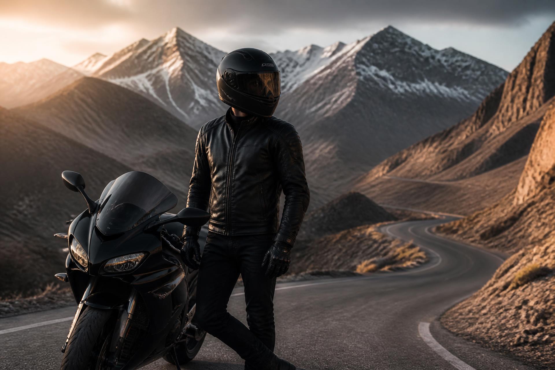 Motociclista con equipo premium en la cordillera de los Andes, Chile